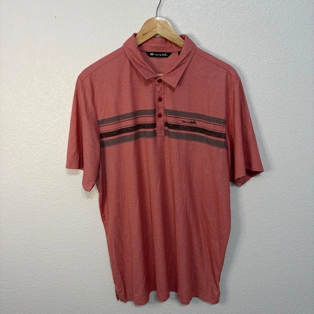 TravisMathew Mens XL Short Sleeve Polo Shirt Coral Pink Heathered Striped Golf